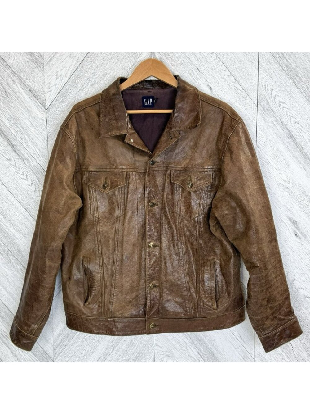 Vintage Y2K GAP  Leather Trucker Jacket Brown Distressed Mens Size XL